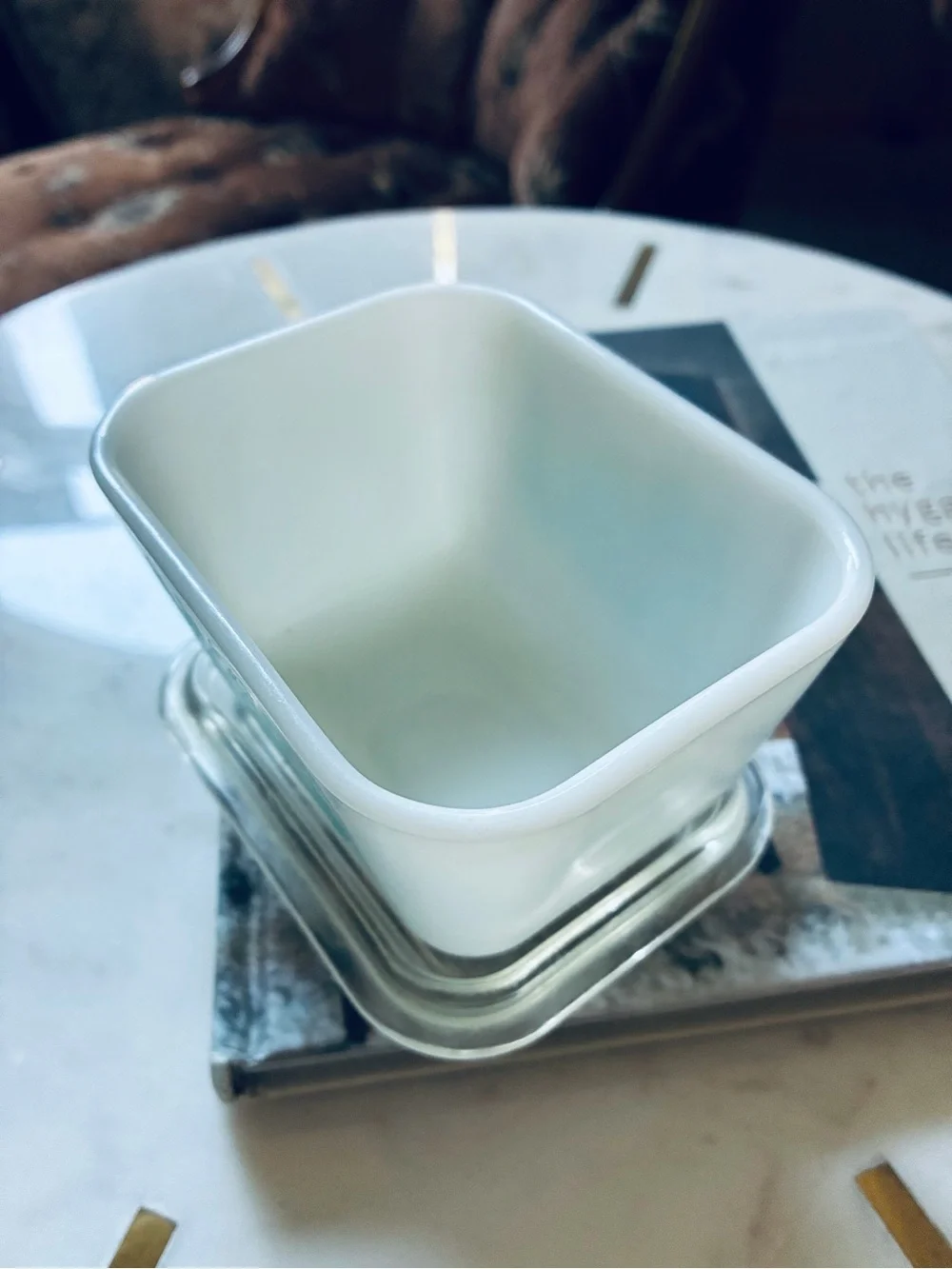 Pyrex White Milk Glass Covered 1 cup  with Teal Rooster Design